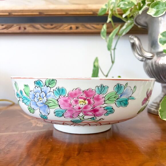 Vintage 10in Japanese Famille Noir Bowl Yamatoku Peony Black White Chinoiserie - Picture 2 of 9